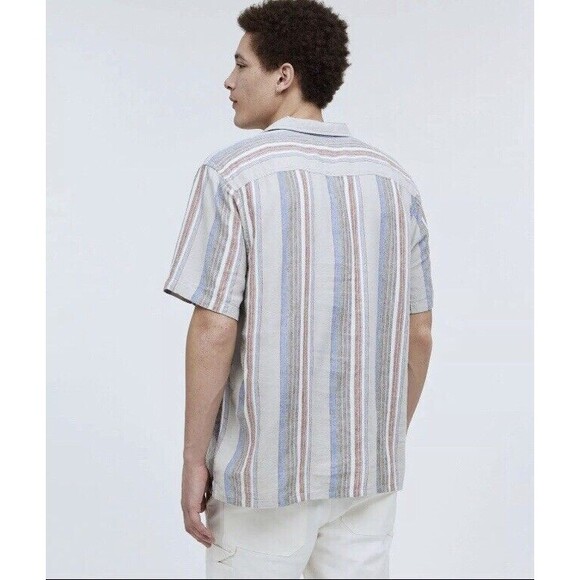 Madewell Shirt Men’s Small Beige Easy Short-Sleeve Stripe Linen Faded Wicker New - Picture 11 of 15